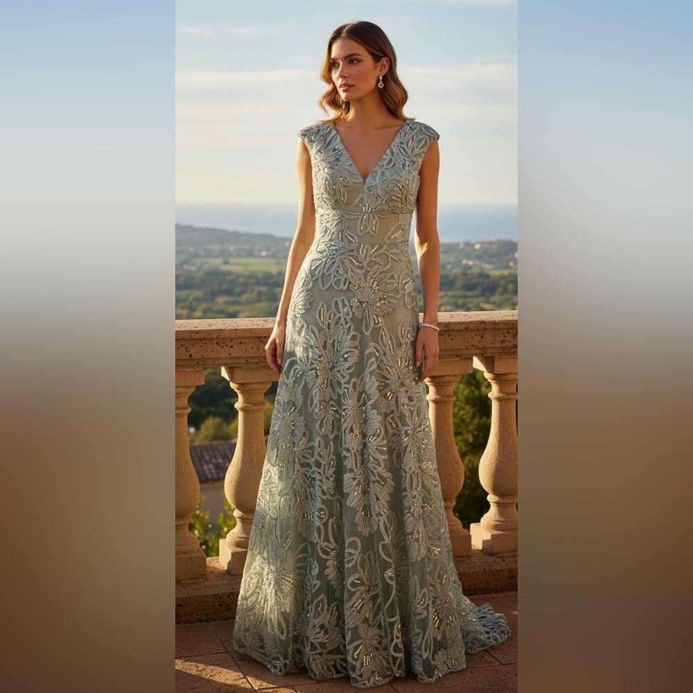 NWT Eliza J formal seafoam green floor length 3D floral sequin gown SZ 6